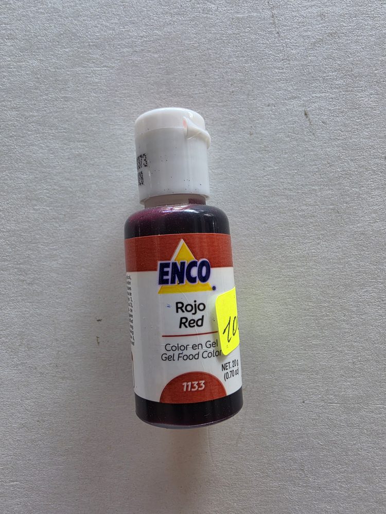 Frasco de colorante en gel rojo oscuro marca ENCO, envase