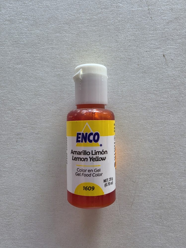 Frasco de colorante en gel amarillo limón marca ENCO, envase