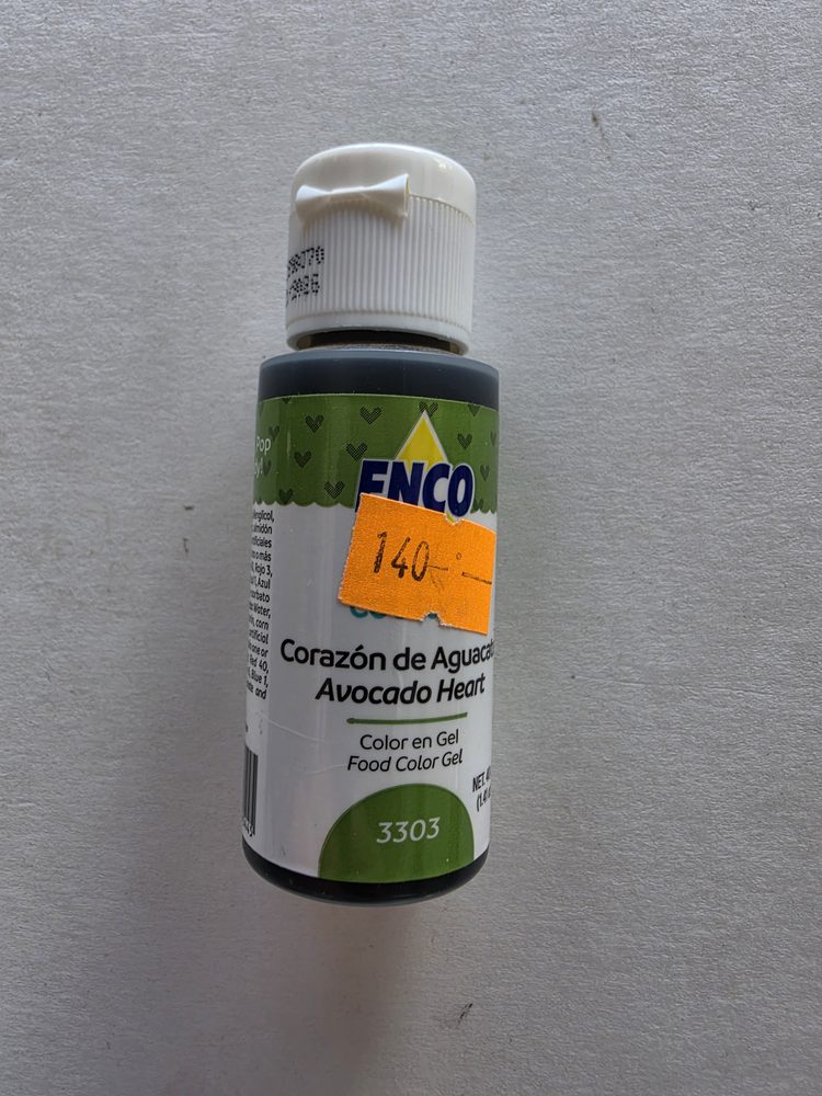 Frasco de colorante en gel verde aguacate marca ENCO, envase con tapa