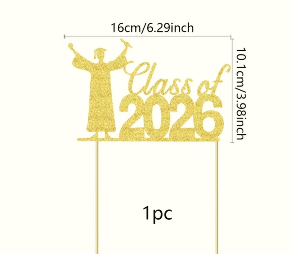 Topper para pastel de graduacion color dorado escarchado con la frase