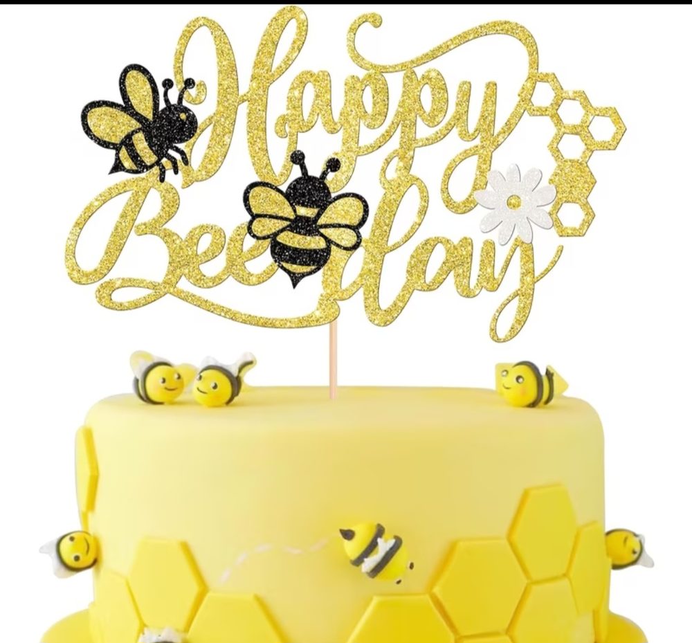 Topper para pastel escarchado dorado con la frase Happy Bee Day