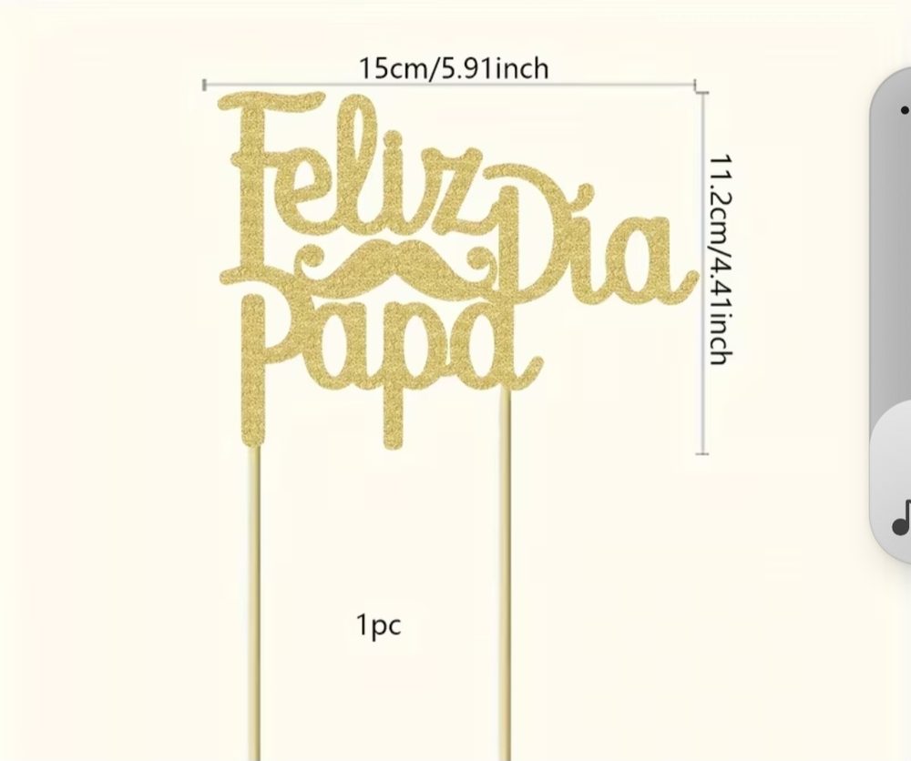 Topper para pastel 'Feliz Dia Papá' dorado con brillo y bigote, 1