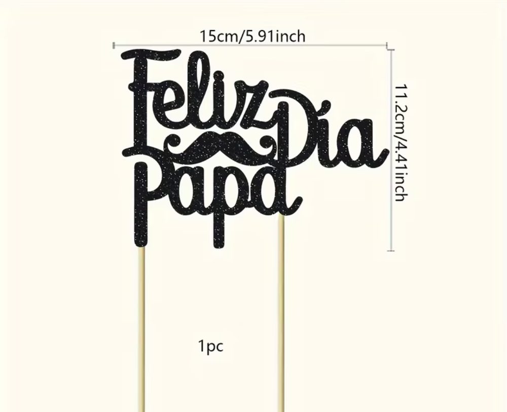 Topper para pastel 'Feliz Dia Papá' negro con brillo y bigote, 1