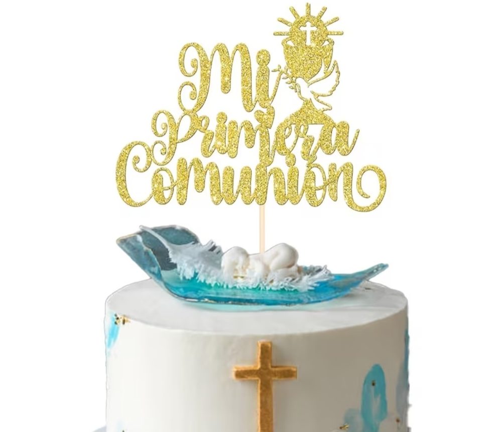 Topper para pastel 'Mi Primera Comunion' dorado con brillo, con caliz