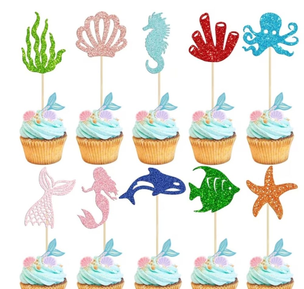 Juego de toppers para cupcakes tema sirena y mar en cartón
