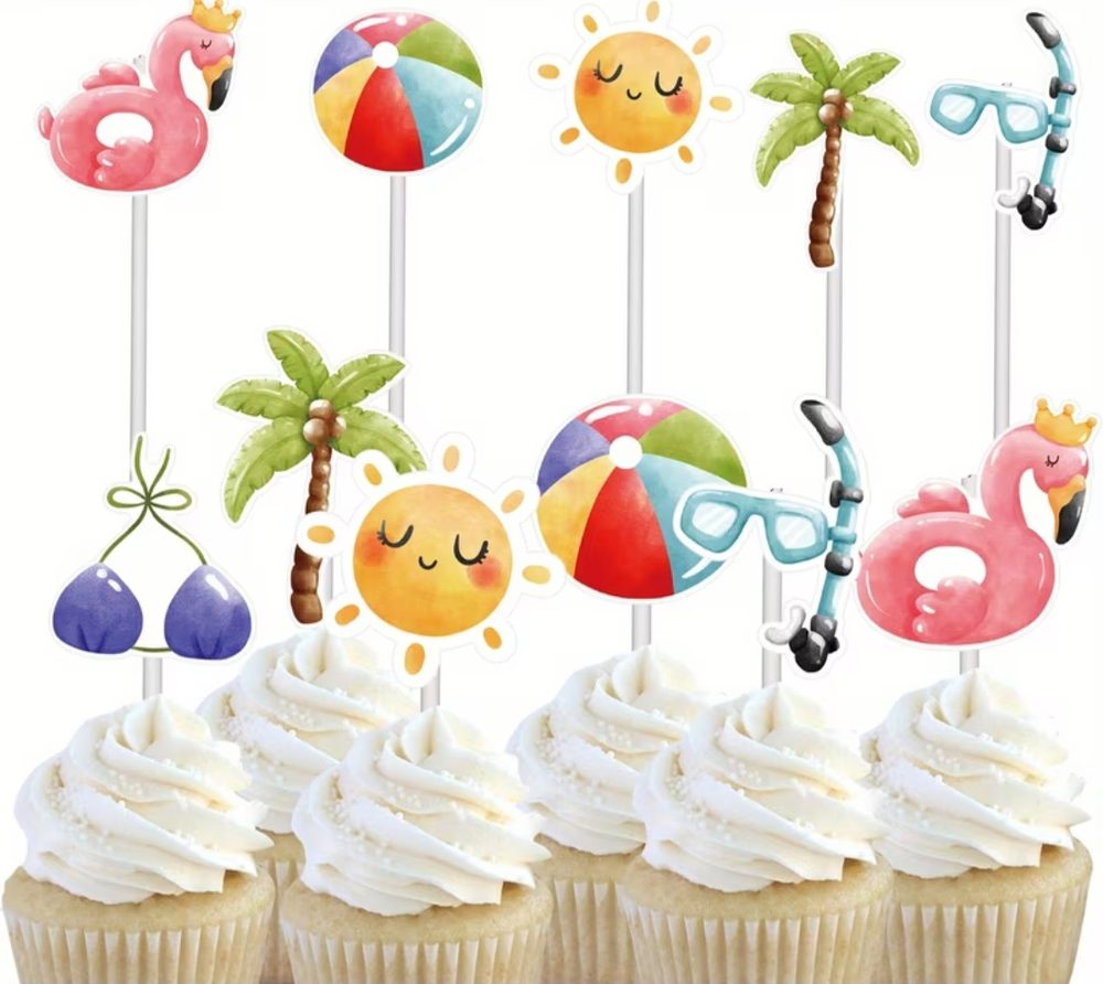 Juego de toppers para cupcakes tema playa/piscina impresos
