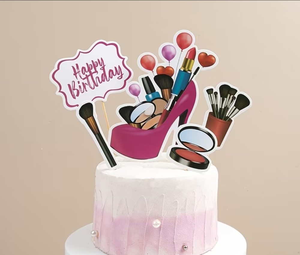 Juego de toppers para pastel tema maquillaje: zapatilla de tacon