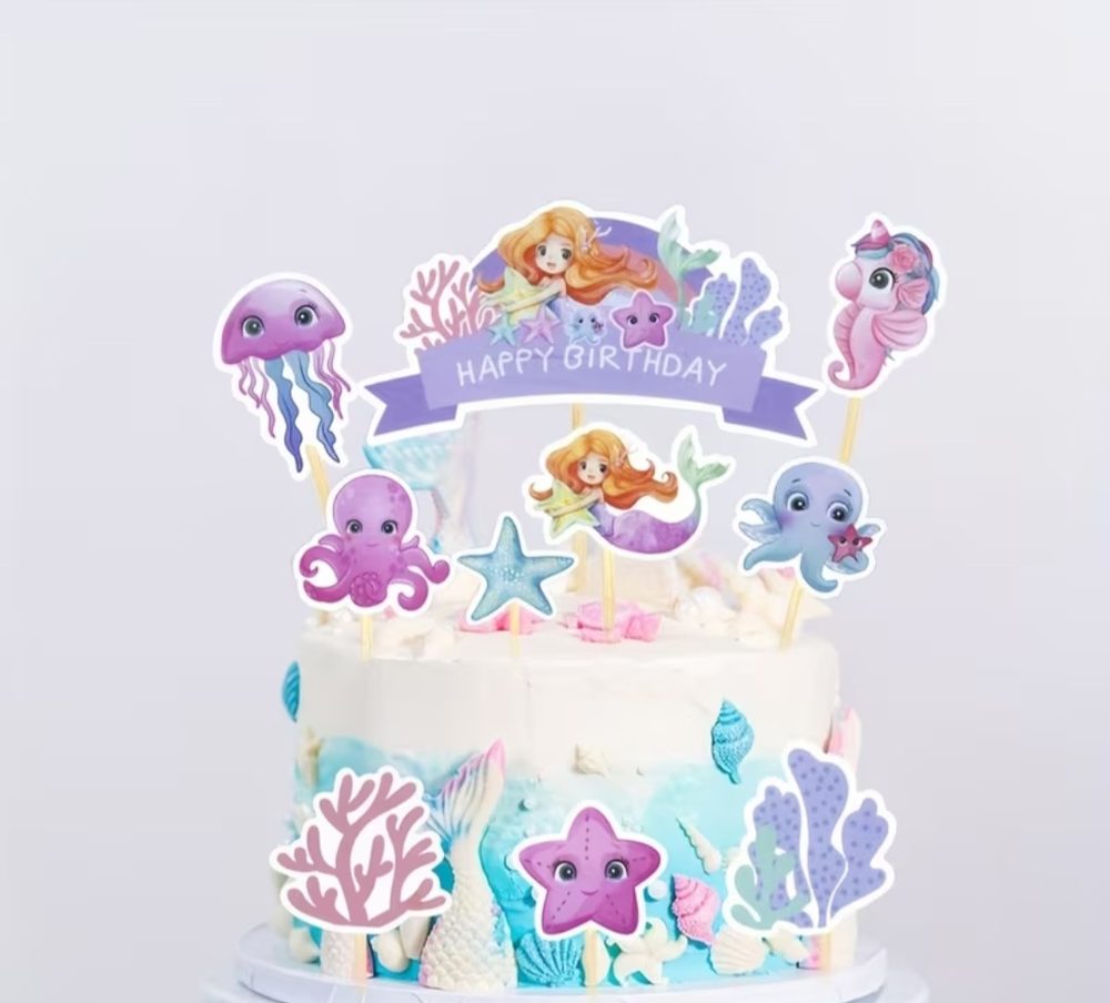 Juego de toppers para pastel tema sirena impresos en morado, celeste
