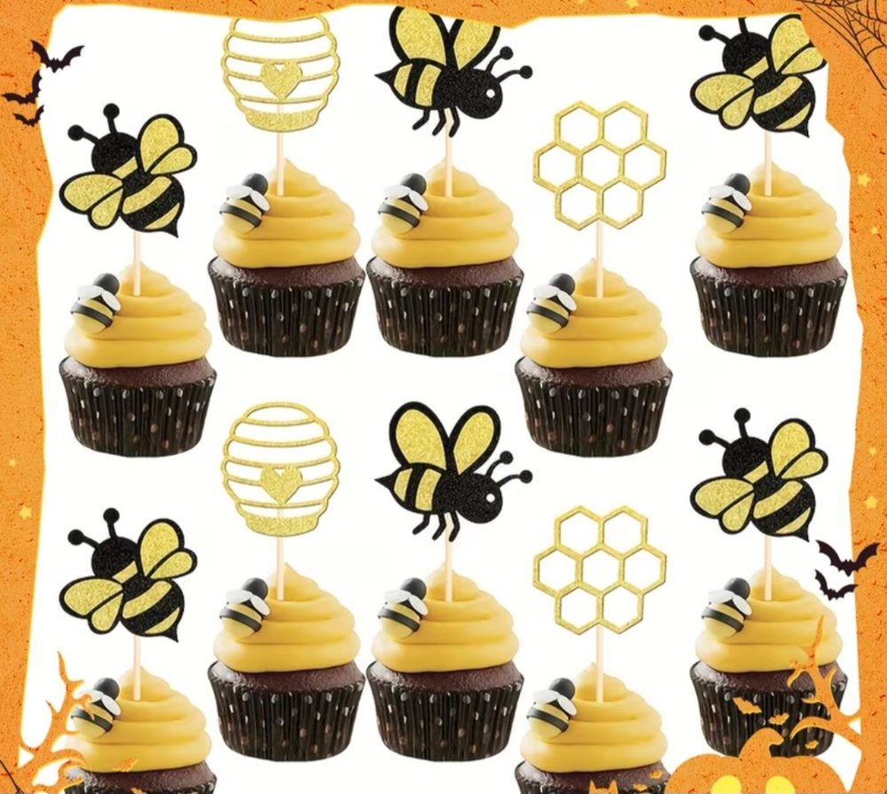Juego de toppers para cupcakes de abejas en cartón escarchado negro