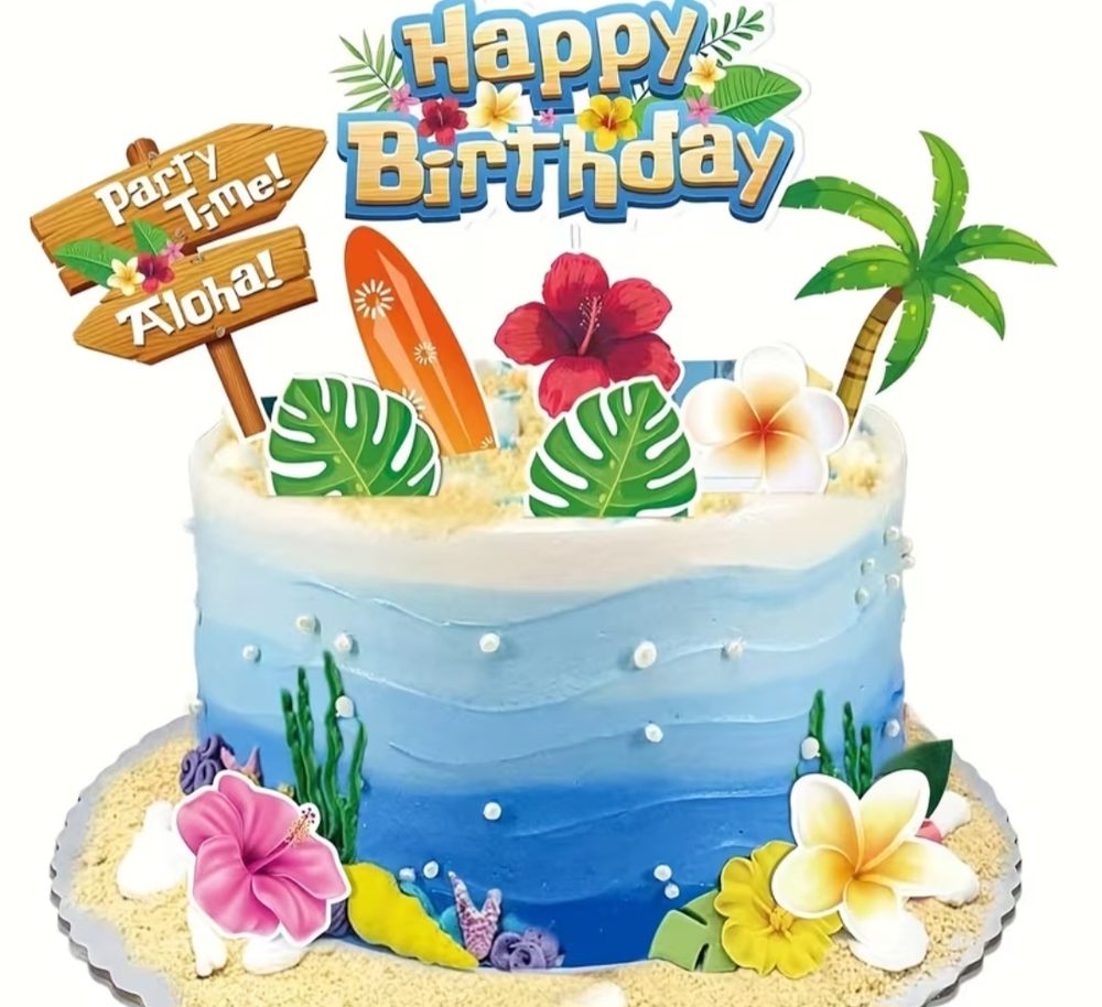 Set de toppers de cartón tema playa/hawaiano: letrero 'Happy