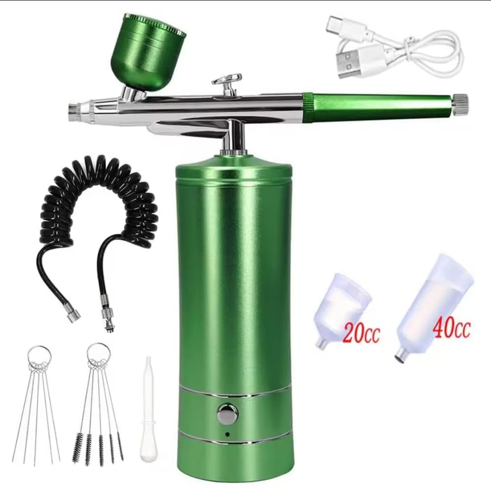Kit de aerografo recargable color verde con compresor integrado
