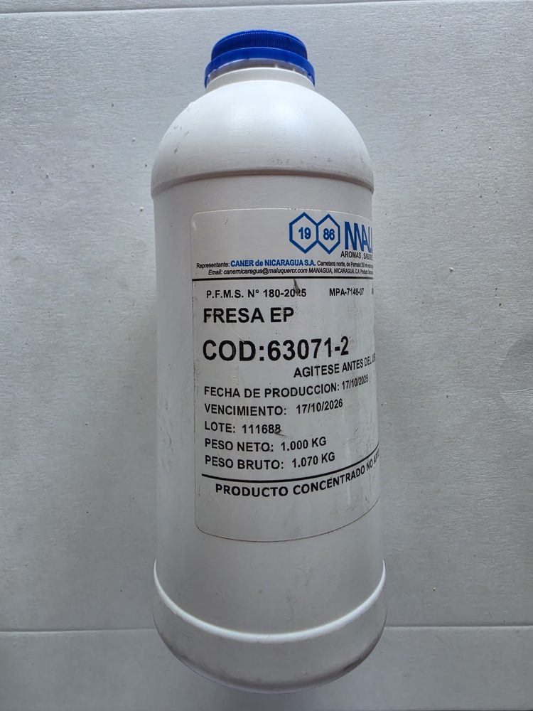 Saborizante liquido de fresa, botella plastica blanca de 1 kg
