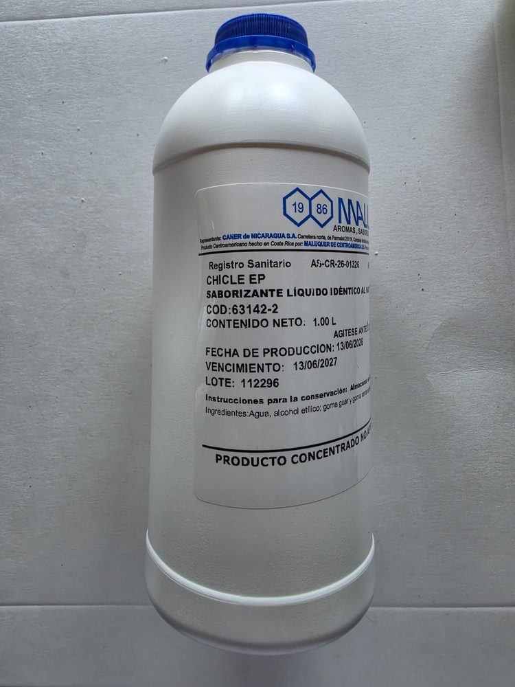 Saborizante liquido sabor chicle, botella plastica blanca de 1 litro