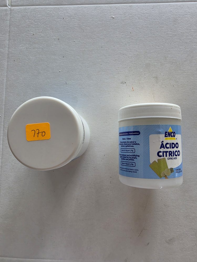 Acido citrico en polvo, envase plástico blanco con etiqueta azul, 100
